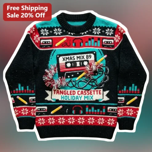 Xmas Mix 89 Tangled Cassette Holiday Retro Ugly Christmas Sweater