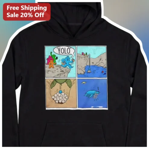 Y.O.L.O. Cartoon Comic Hoodie Funny Sea Turtle Meme Pullover for Gamers Youth available at our Chicago, Illinois warehouse