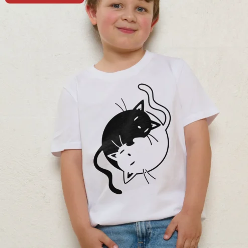 Yin Yang Cats Graphic Tee Cute Black and White Cat Lover Gift for Kids Women on a hanger, ready to ship from Chicago, Illinois