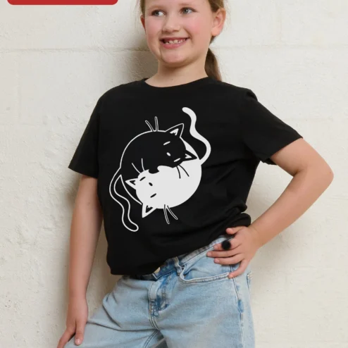 Yin Yang Cats Graphic Tee Cute Black and White Cat Lover Gift for Kids Women