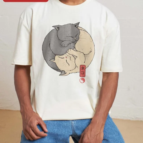 Yin Yang Cats T-Shirt Zen Balance Design Gift for Cat Lovers on a hanger, ready to ship from Chicago, Illinois