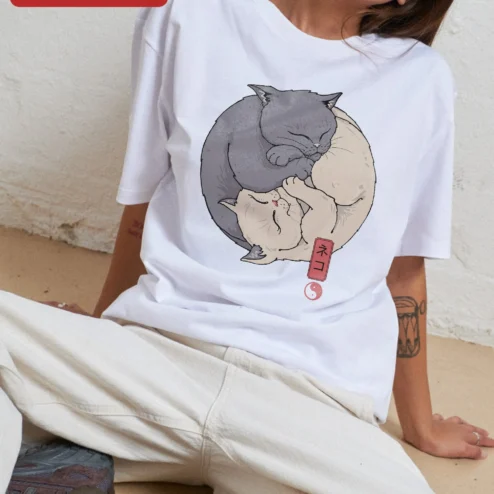Customer in Chicago, Illinois wearing Yin Yang Cats T-Shirt Zen Balance Design Gift for Cat Lovers