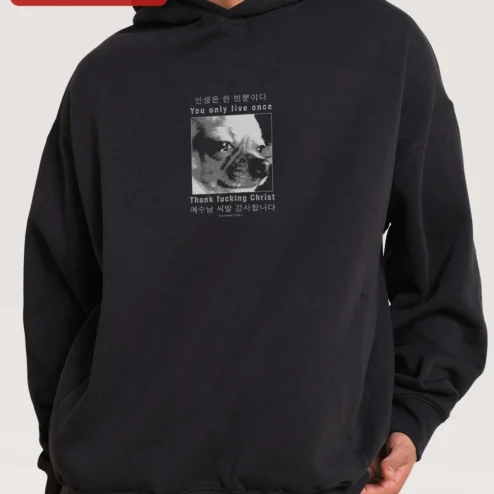 YOLO You Only Live Once Hoodie Thank Fucking Christ Jesus Bilingual Dark Humor Streetwear on a hanger, ready to ship from Chicago, Illinois