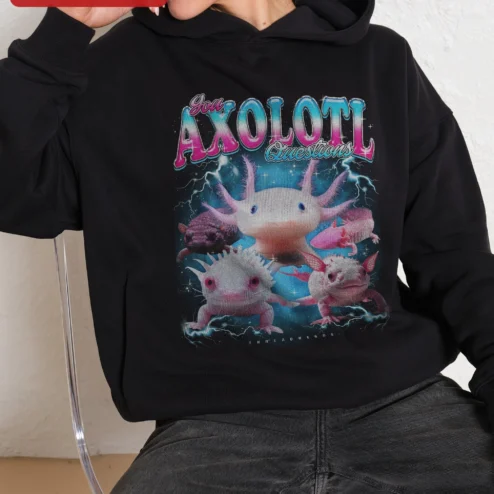 You Axolotl Questions Hoodie Funny Retro Space Animal Graphic Pullover for Aquarium Hobbyists and Ga on a hanger, ready to ship from Chicago, Illinois
