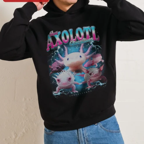 You Axolotl Questions Hoodie Funny Retro Space Animal Graphic Pullover for Aquarium Hobbyists and Gamers