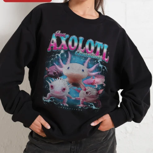 You AXOLOTL Questions Sweatshirt Funny Axolotl Lover Gift Conversation Starter Crewneck on a hanger, ready to ship from Chicago, Illinois