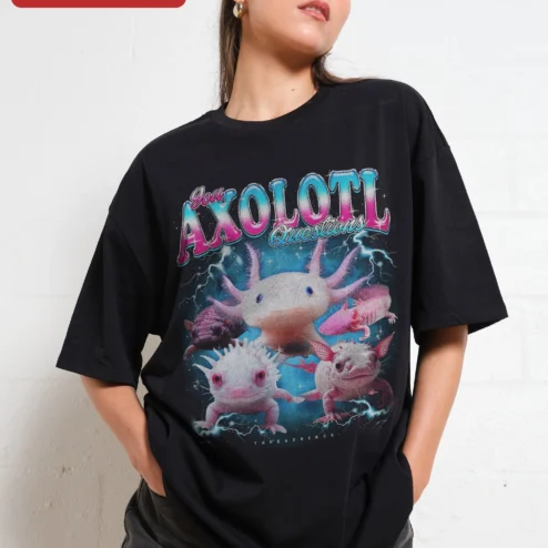 You AXOLOTL Questions Tee Funny Axolotl Graphic Shirt Retro Vaporwave Animal Lover Gift on a hanger, ready to ship from Chicago, Illinois