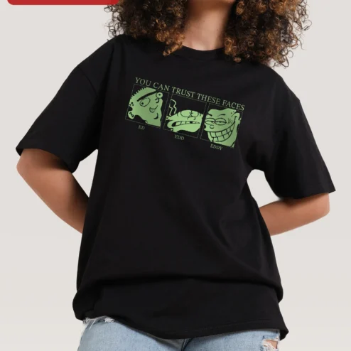 You Can Trust These Faces Ed Edd n Eddy Graphic Tee Retro Cartoon Humor Shirt on a hanger, ready to ship from Chicago, Illinois