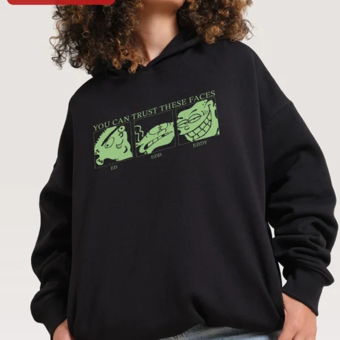 You Can Trust These Faces Ed Edd n Eddy Hoodie Retro Cartoon Graphic Sweatshirt on a hanger, ready to ship from Chicago, Illinois