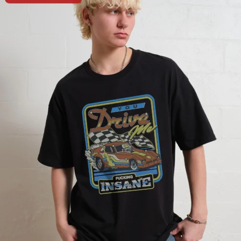 You Drive Me Fucking Insane Retro Race Car Graphic Tee on a hanger, ready to ship from Chicago, Illinois
