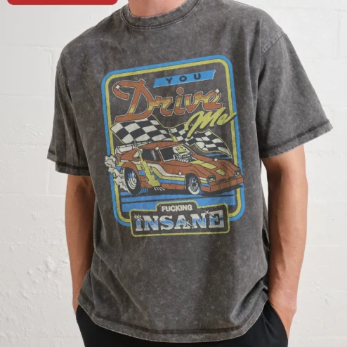 You Drive Me Fucking Insane Vintage Muscle Car Graphic Tee on a hanger, ready to ship from Chicago, Illinois