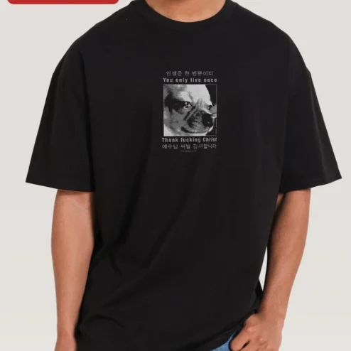 You Only Live Once Thank F***ing Christ YOLO Dog Graphic Tee on a hanger, ready to ship from Chicago, Illinois