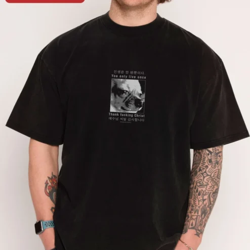 Customer in Chicago, Illinois wearing You Only Live Once Thank Fucking Christ YOLO Dog Graphic Tee