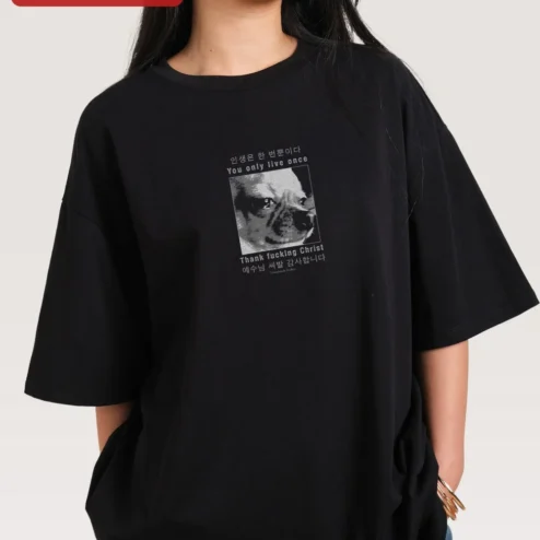 You Only Live Once YOLO Thank fucking Christ Korean Streetwear Graphic Tee on a hanger, ready to ship from Chicago, Illinois