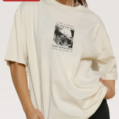 Customer in Chicago, Illinois wearing You Only Live Once YOLO Thank fucking Christ Korean Streetwear Graphic Tee