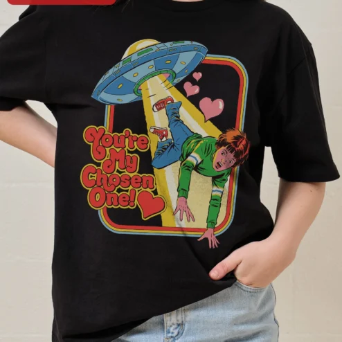 You're My Chosen One Alien Abduction Graphic Tee Retro UFO Sci-Fi Gift for Couples on a hanger, ready to ship from Chicago, Illinois