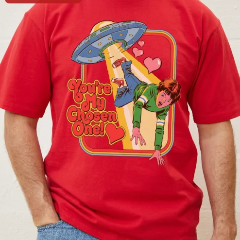 Customer in Chicago, Illinois wearing You're My Chosen One Alien Abduction Graphic Tee Retro UFO Sci-Fi Gift for Couples
