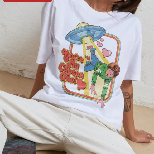 Close-up of You're My Chosen One Alien Abduction Graphic Tee Retro UFO Sci-Fi Gift for Couples for streetwear fans in Chicago, Illinois