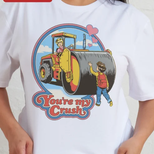 Customer in Chicago, Illinois wearing You're My Crush Tee Funny Retro Cartoon Steamroller Valentine's Day Gift for Couples