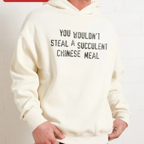 Close-up of You Wouldn't Steal A Succulent Chinese Meal Hoodie Funny Meme Viral TikTok Quote Pullover for streetwear fans in Chicago, Illinois
