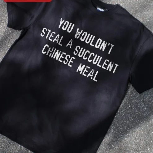 Close-up of You Wouldn't Steal A Succulent Chinese Meal Tee Funny Meme Quote Shirt Viral TikTok Audio Gift for streetwear fans in Chicago, Illinois