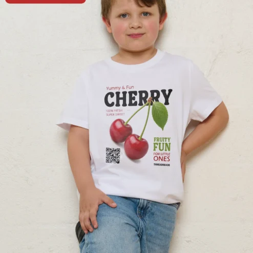 Yummy Fun Cherry Kids Tee Fruity Graphic Shirt for Little Ones on a hanger, ready to ship from Chicago, Illinois