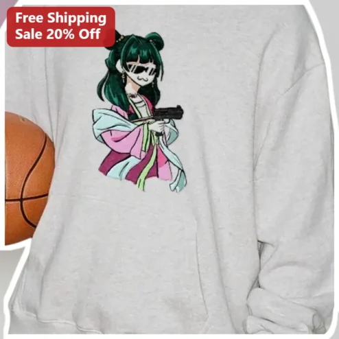 Yunyun Sweatshirt Kunoichi Tsubaki Chibi Anime Girl with Gun Cute Streetwear Crewneck available at our Chicago, Illinois warehouse