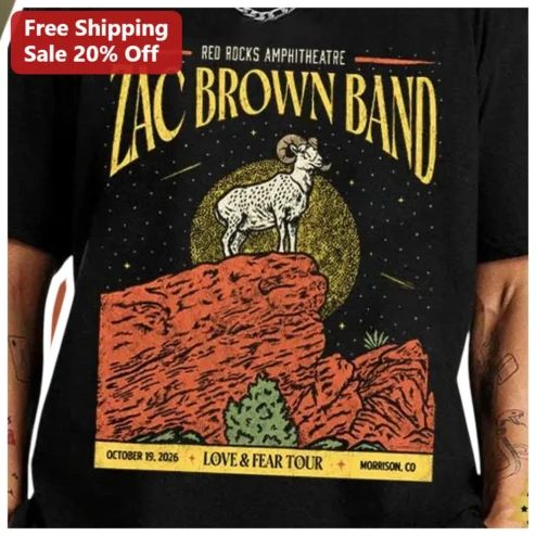 Zac Brown Band Love Fear Tour Red Rocks Amphitheatre Vintage Concert Graphic Tee available at our Chicago, Illinois warehouse