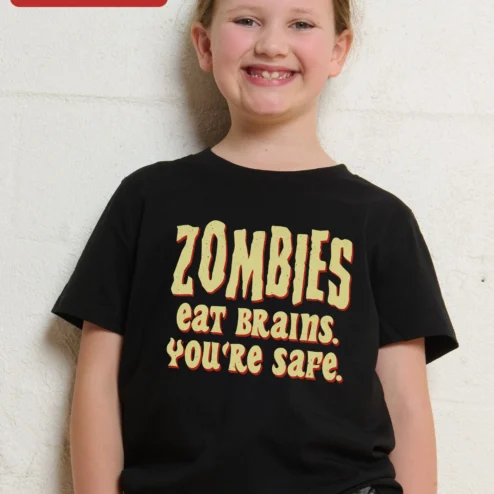 Zombies Eat Brains You're Safe Tee Funny Horror Comedy Graphic T-Shirt for Kids Halloween Gift