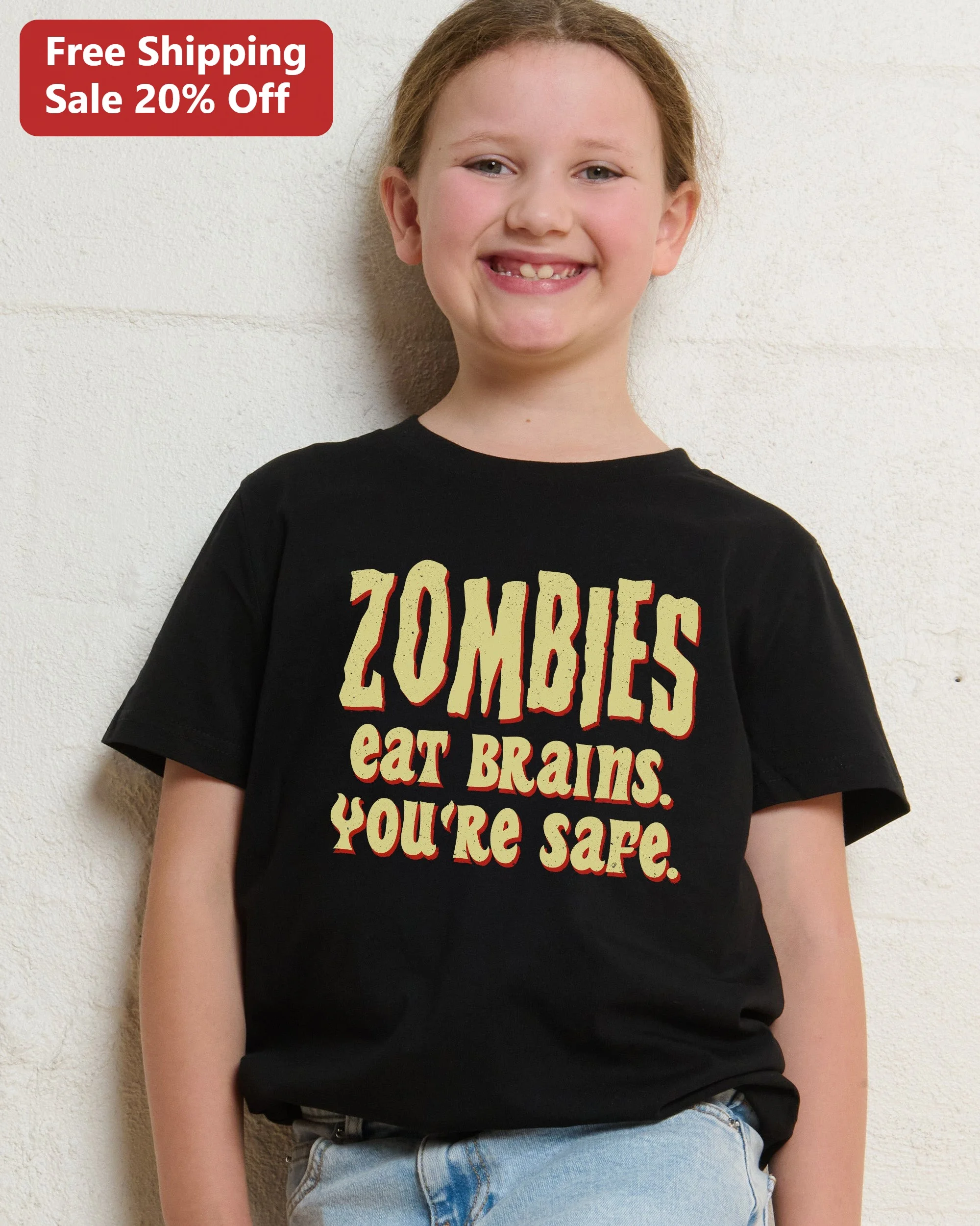 Zombies Eat Brains You're Safe Tee Funny Horror Comedy Graphic T-Shirt for Kids Halloween Gift