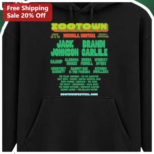 Zootown Missoula Montana Hoodie Vintage Concert Poster Jack Johnson Brandi Carlile Sweatshirt available at our Chicago, Illinois warehouse